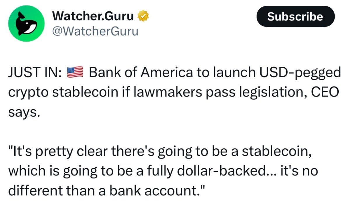 Bank of America CEO Brian Moynihan Signals Launch of USD-Pegged Stablecoin by Second Largest US Bank Pending Regulatory Approval