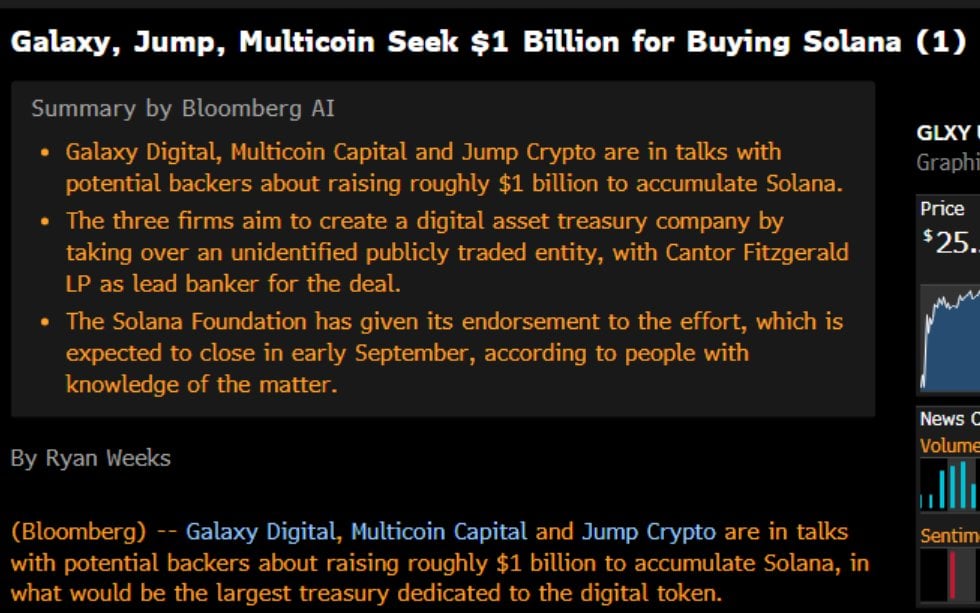 Galaxy, Jump, Multicoin Pursue $1 Billion Solana Treasury