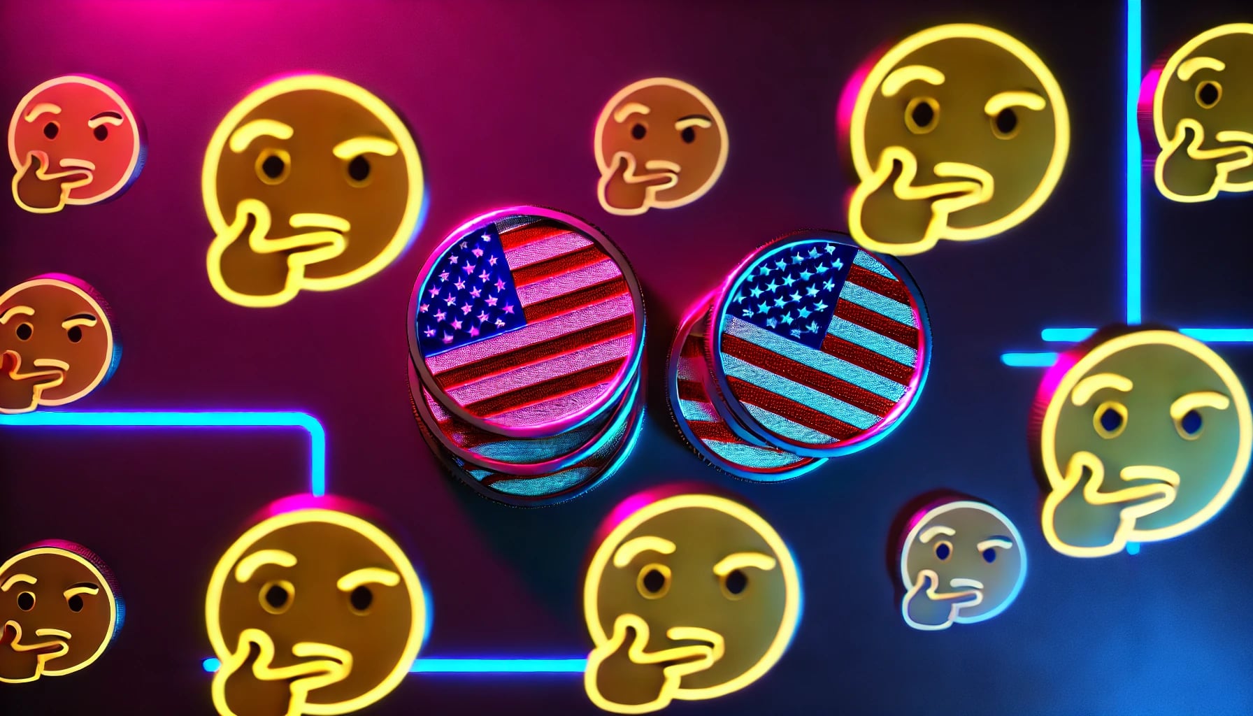 coins with USA flags floating amid skeptical face emojis in a minimalistic style with neon colors