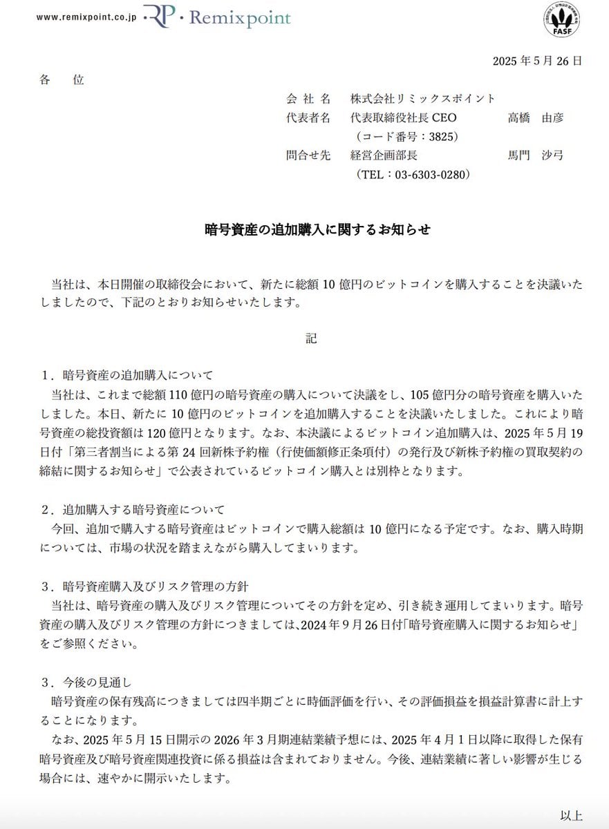 Japanese Energy and Automotive Firm Remixpoint Increases Bitcoin Investment by ¥1 Billion, Targets 1,000 BTC Holdings