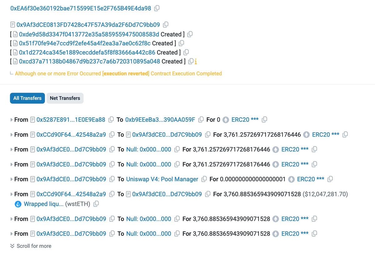 Cork Protocol Exploited for 3,762 wstETH ($12M), Converted to 4,530 ETH; Security Firms Detect Breach