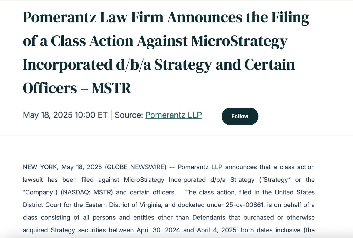 MicroStrategy and Michael Saylor Sued Over Misleading Bitcoin Strategy, $5.9B Loss and $765M BTC Purchase