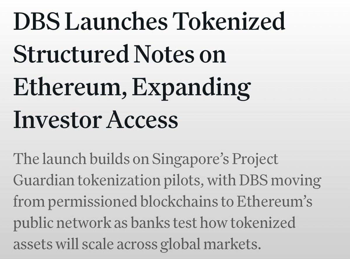 DBS Bank Tokenizes Structured Notes on Ethereum for Institutional Investors