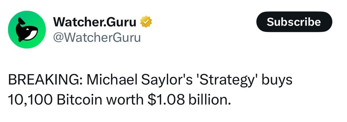 MicroStrategy Buys 10,100 Bitcoin for $1.05 Billion, Holdings Reach 592,100 BTC