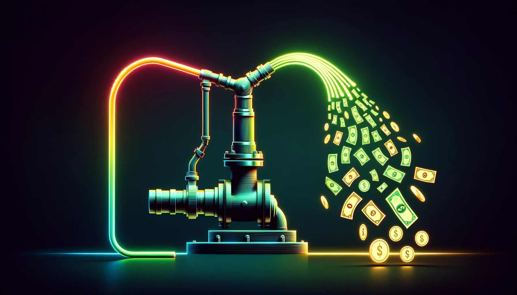 a mechanical pump emitting streams of currency notes