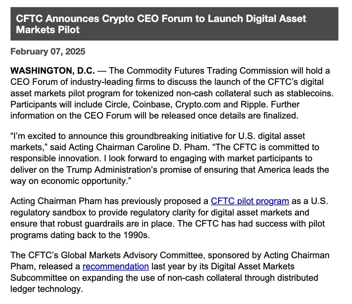 CFTC to Review Prediction Markets and Launch Digital Asset Pilot