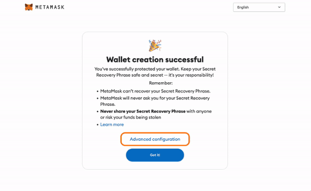 Wallet created congratulations message
