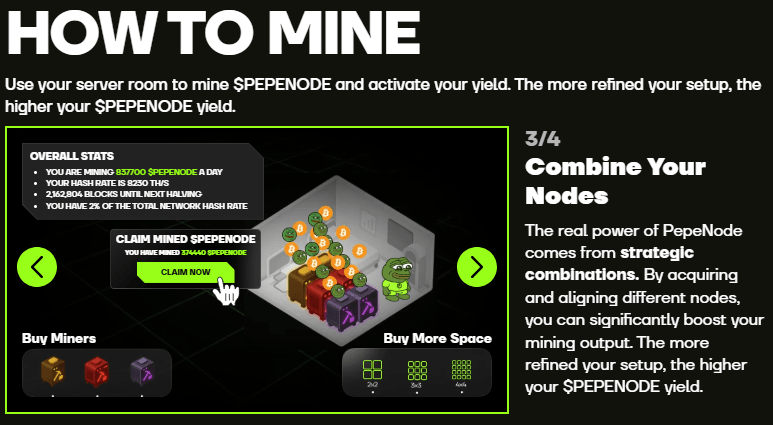 PepeNode’s Mine-to-Earn game comes from strategically combining your nodes.
