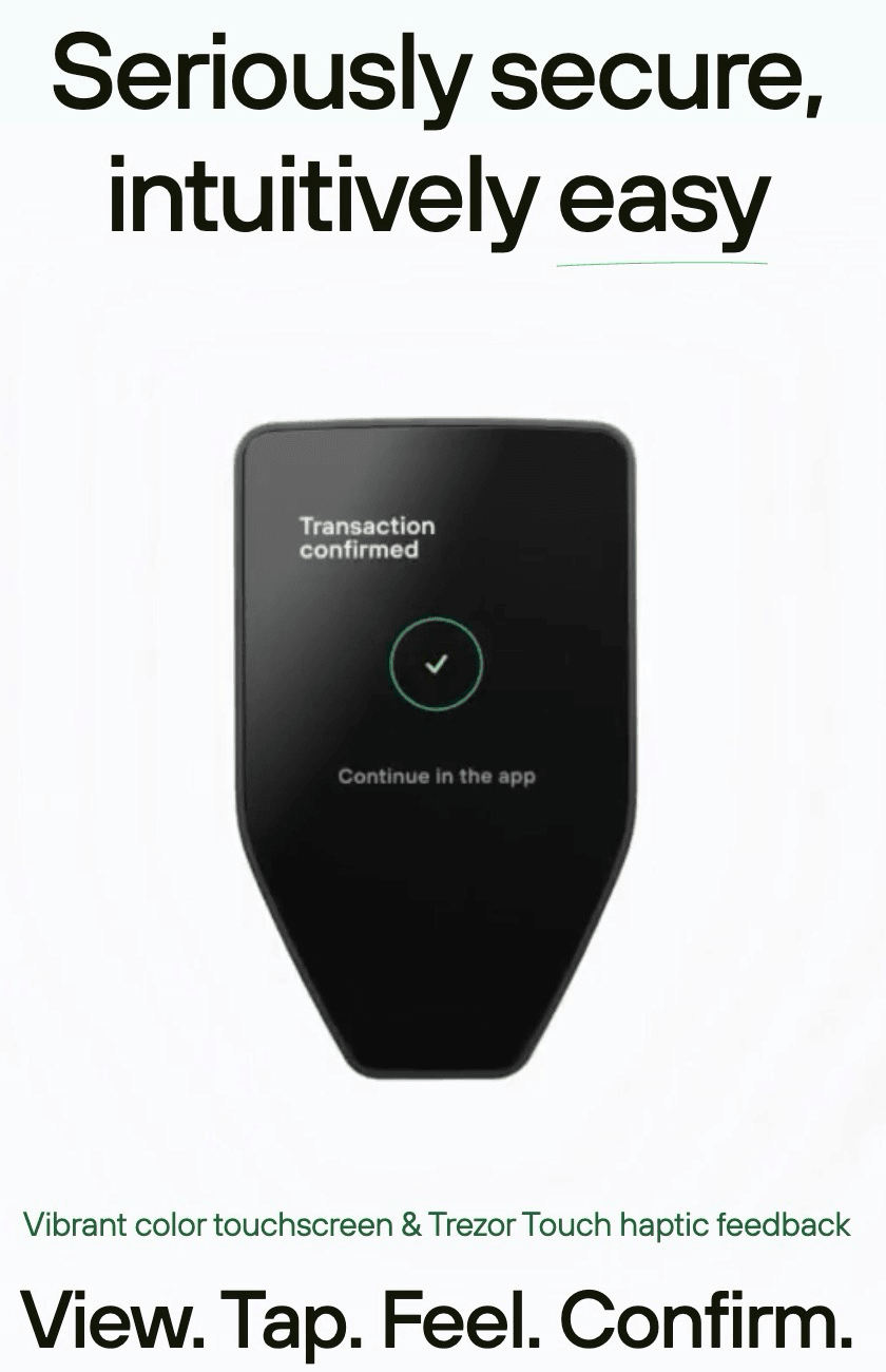 Trezor Safe 5 hardware wallet with touchscreen.
