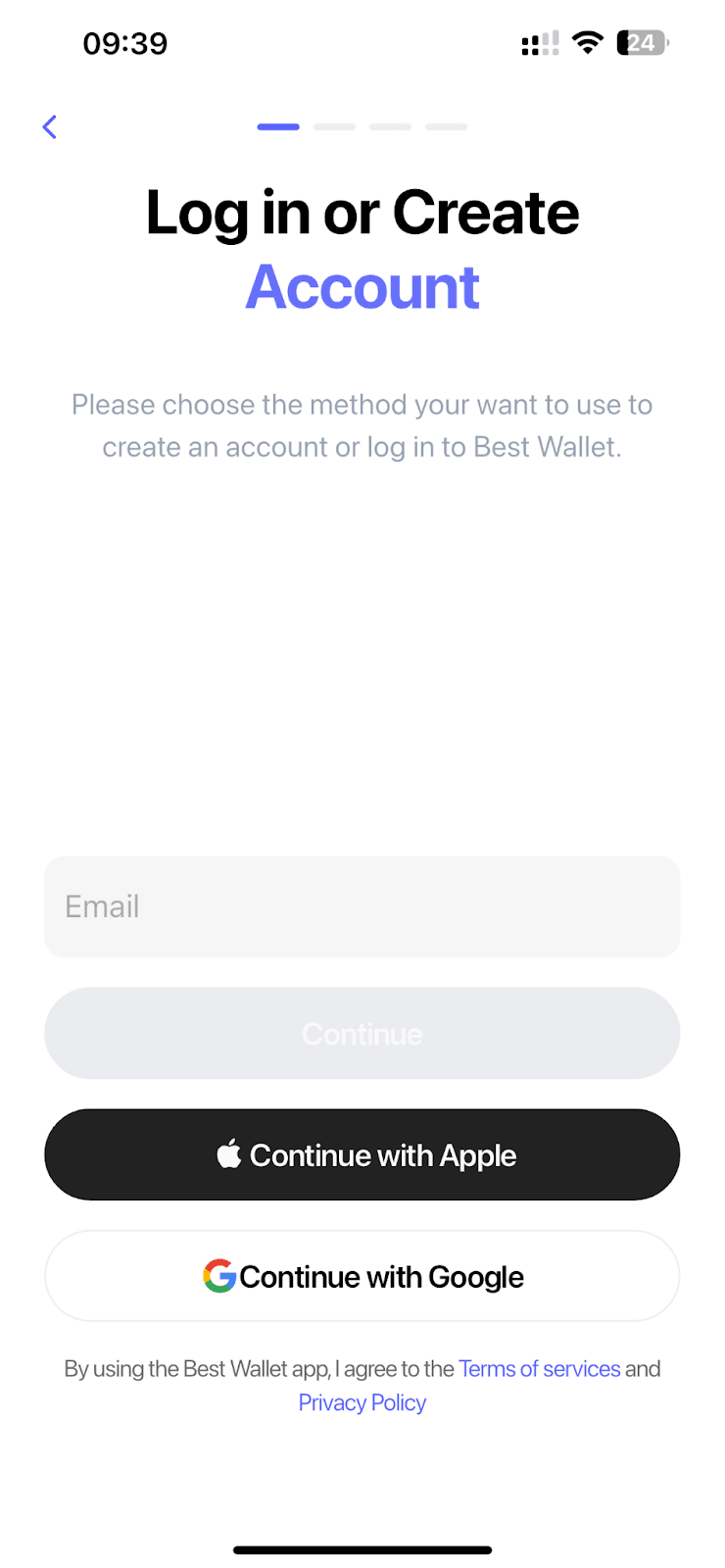 Creating an account inside the Best Wallet app.