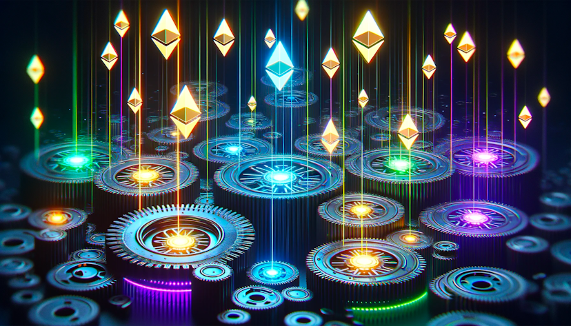 Ethereum tokens raining down on machine gears 
