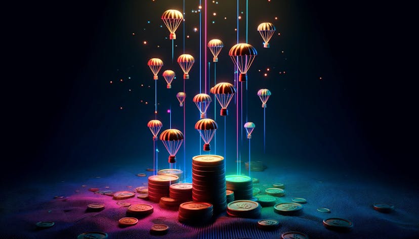 coins raining down on parachutes, style is minimalistic, colors are neon
