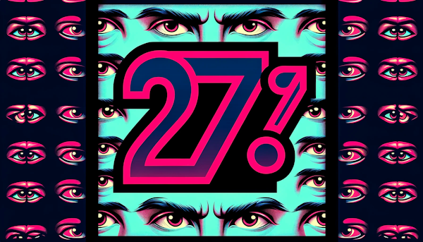  image with "27%" at the center surrounded by skeptical eyes in neon colors and a minimalistic style