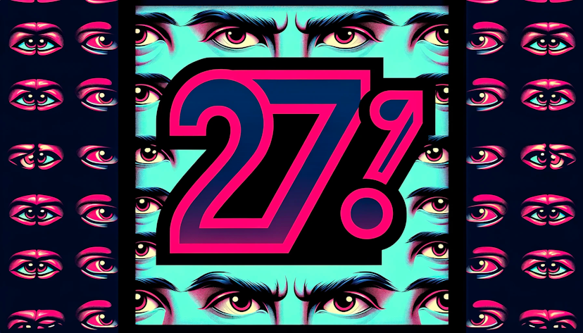  image with "27%" at the center surrounded by skeptical eyes in neon colors and a minimalistic style