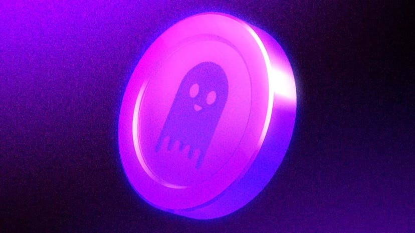 An image of a coin with the Aave ghost.
