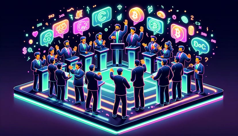image depicting crypto participants engaging in a debate