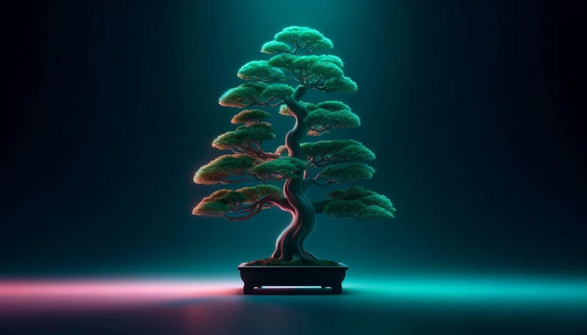 image of a bonsai tree in light neon colors, created in a minimalist style