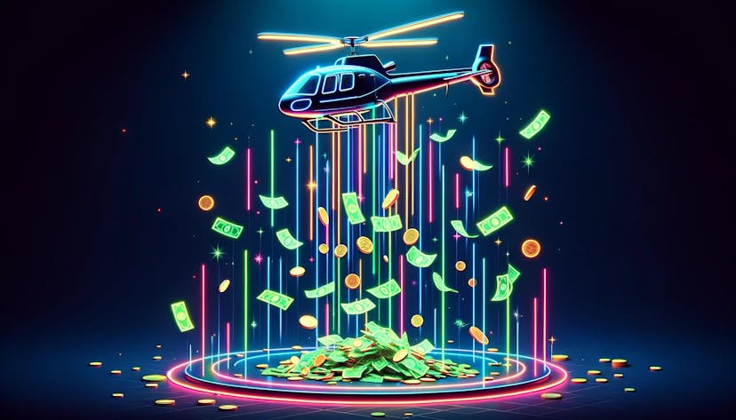 image showing money being dropped from a helicopter