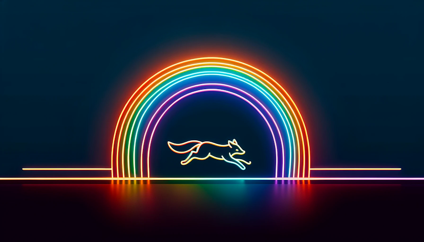 An image of a fox running away from a rainbow.