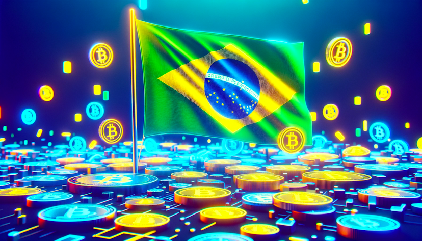 An image of a brazilian flag waving amid a cryptocurrency tokens.