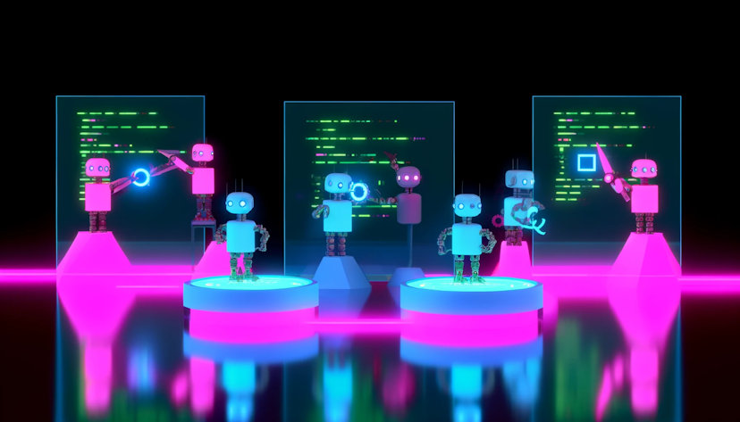  image of robots fixing a codebase, designed in a minimalistic style with neon colors