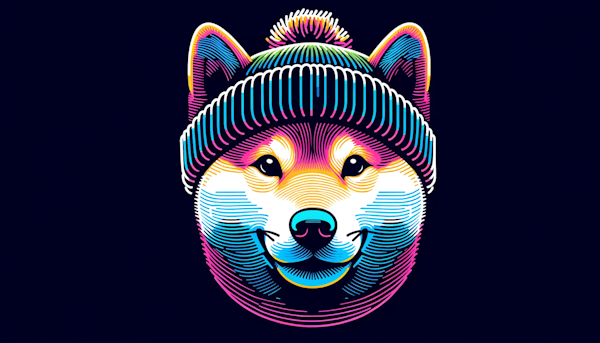 Shiba Inu dog wearing a wool hat, with a focus on neon colors in a minimalistic style