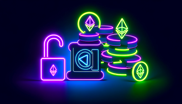  image depicting staking tokens on Ethereum in a minimalistic, neon style 