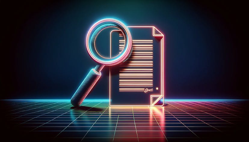 a document with a magnifying glass on top in a neon, minimalistic style