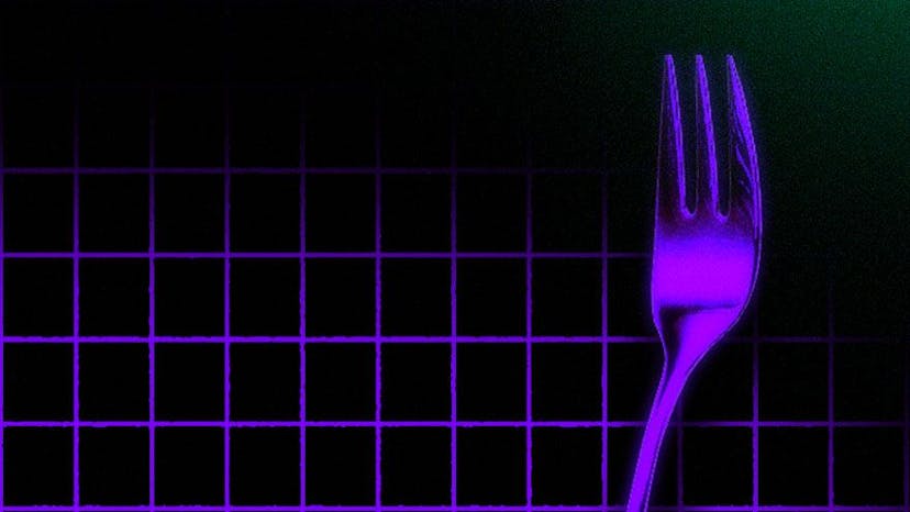Image of a purple fork against a grid background.