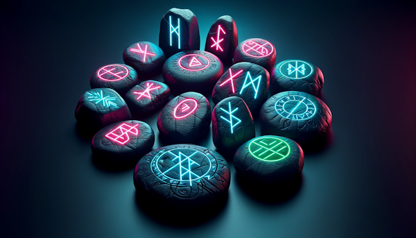 image featuring rune stones with neon colors in a minimalistic style