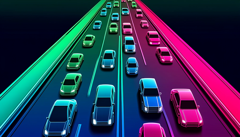 the image of a traffic jam in a minimalistic style with neon colors