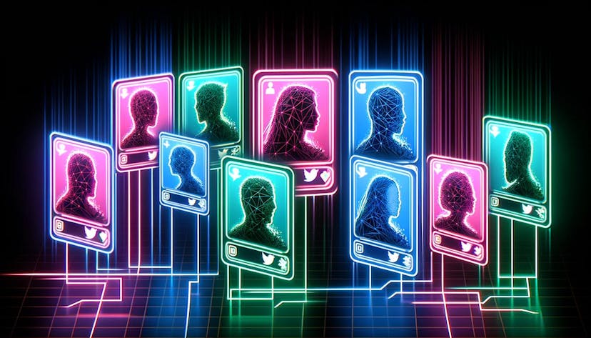stylized trading cards, each glowing in vivid neon colors