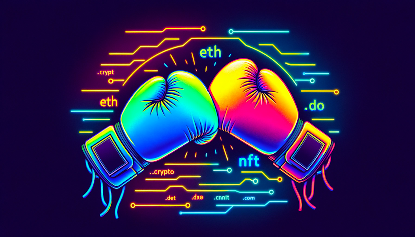 Two boxing gloves clashing in neon colors, with domain name endings in the background