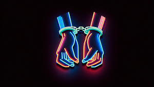 pair of hands in handcuffs, designed in a minimalistic style using vibrant neon colors