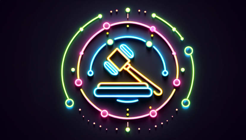  a minimalistic neon design of a DAO with a gavel at the center
