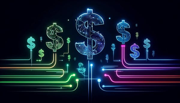 stylized dollar signs and digital arrows, all glowing in vibrant neon colors against a dark background