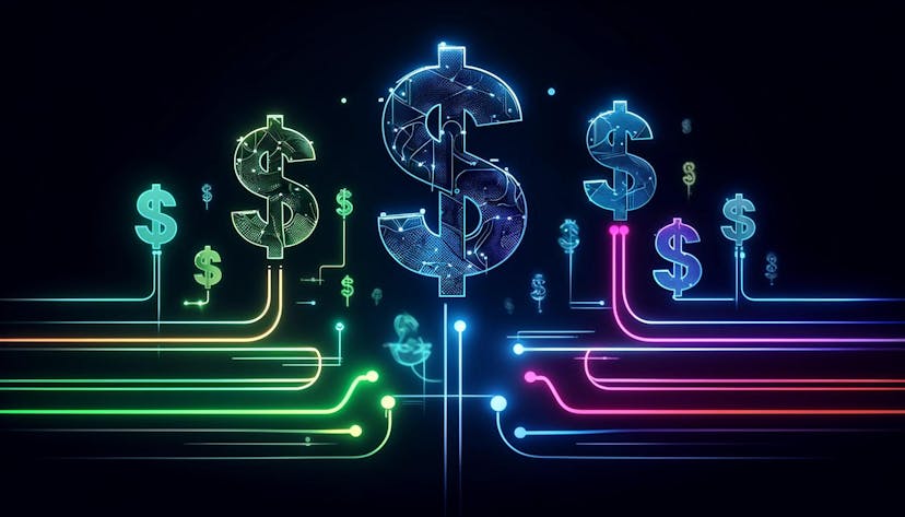 stylized dollar signs and digital arrows, all glowing in vibrant neon colors against a dark background