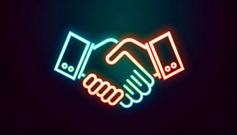 A handshake in a minimalistic, flat style with a cypherpunk aesthetic and neon colors
