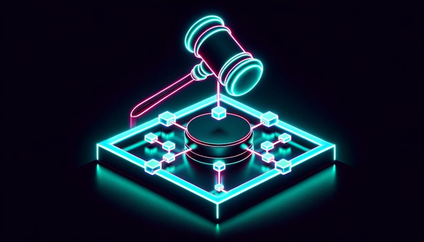 image featuring a gavel poised above a blockchain, rendered in neon colors within a minimalistic style