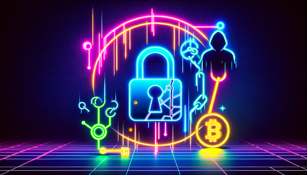  image depicting the risks and exploits of blockchain decentralized applications (dApps) in a minimalistic style with neon colors 