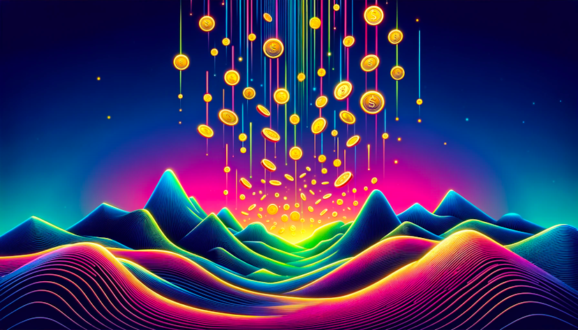 rain of coins falling over a mountain range, depicted in a minimalist style with neon colors