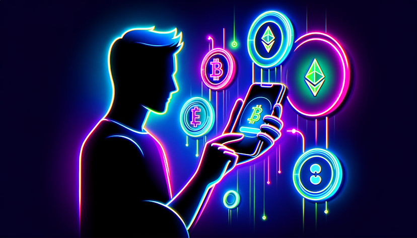 mage depicting someone buying various cryptocurrencies on their phone, designed in a minimalistic style with neon colors. 