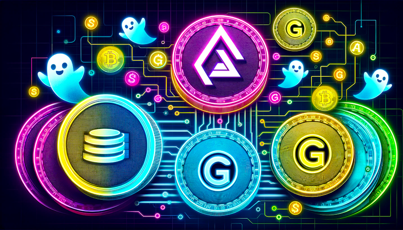Gho coins and ghosts in neon colors