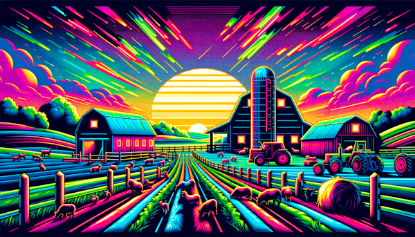  pixelated farm scene with vibrant neon colors 