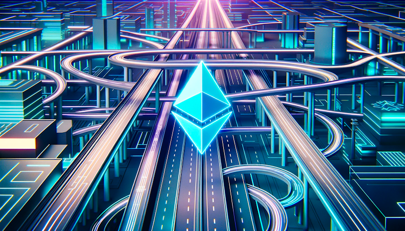 image of a futuristic highway system with an overpass, multiple lanes, and the Ethereum logo