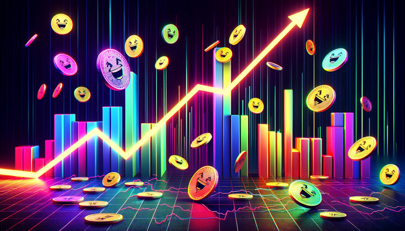 An image depicting meme coins increasing in value in a neon