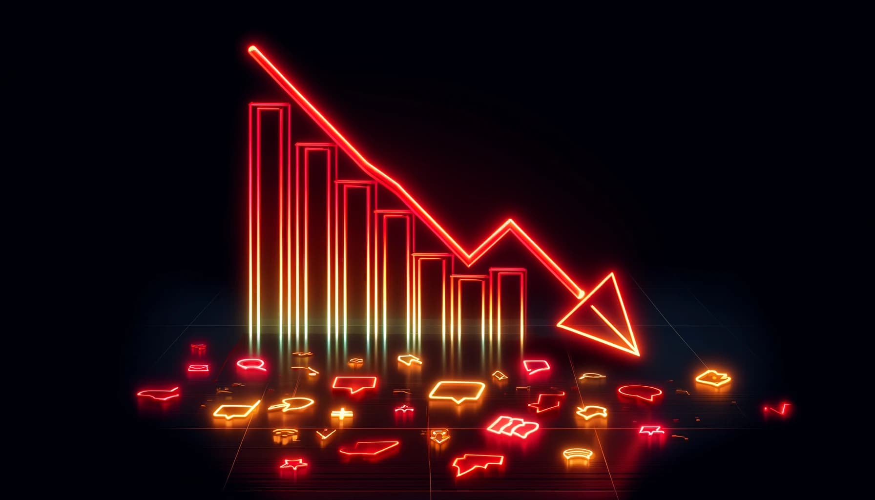 downward-trending arrows and falling bar graphs