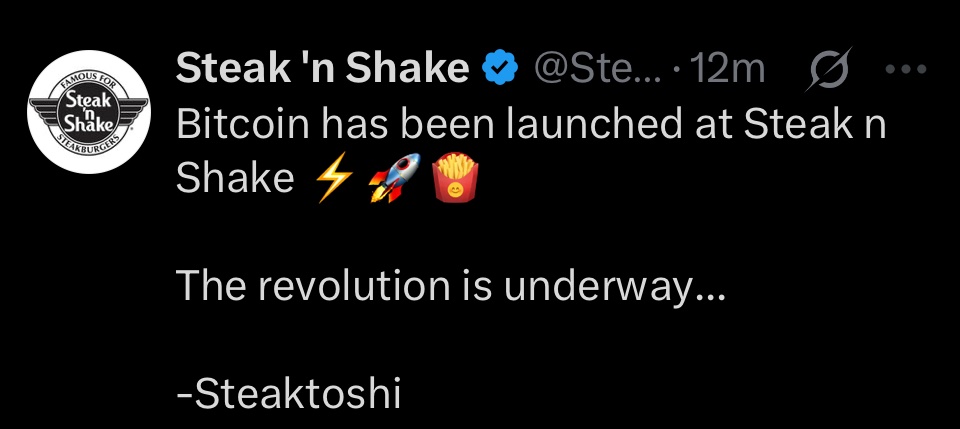 Steak 'n Shake Accepts Bitcoin via Lightning Network, First Payment Through ZeusLN Wallet