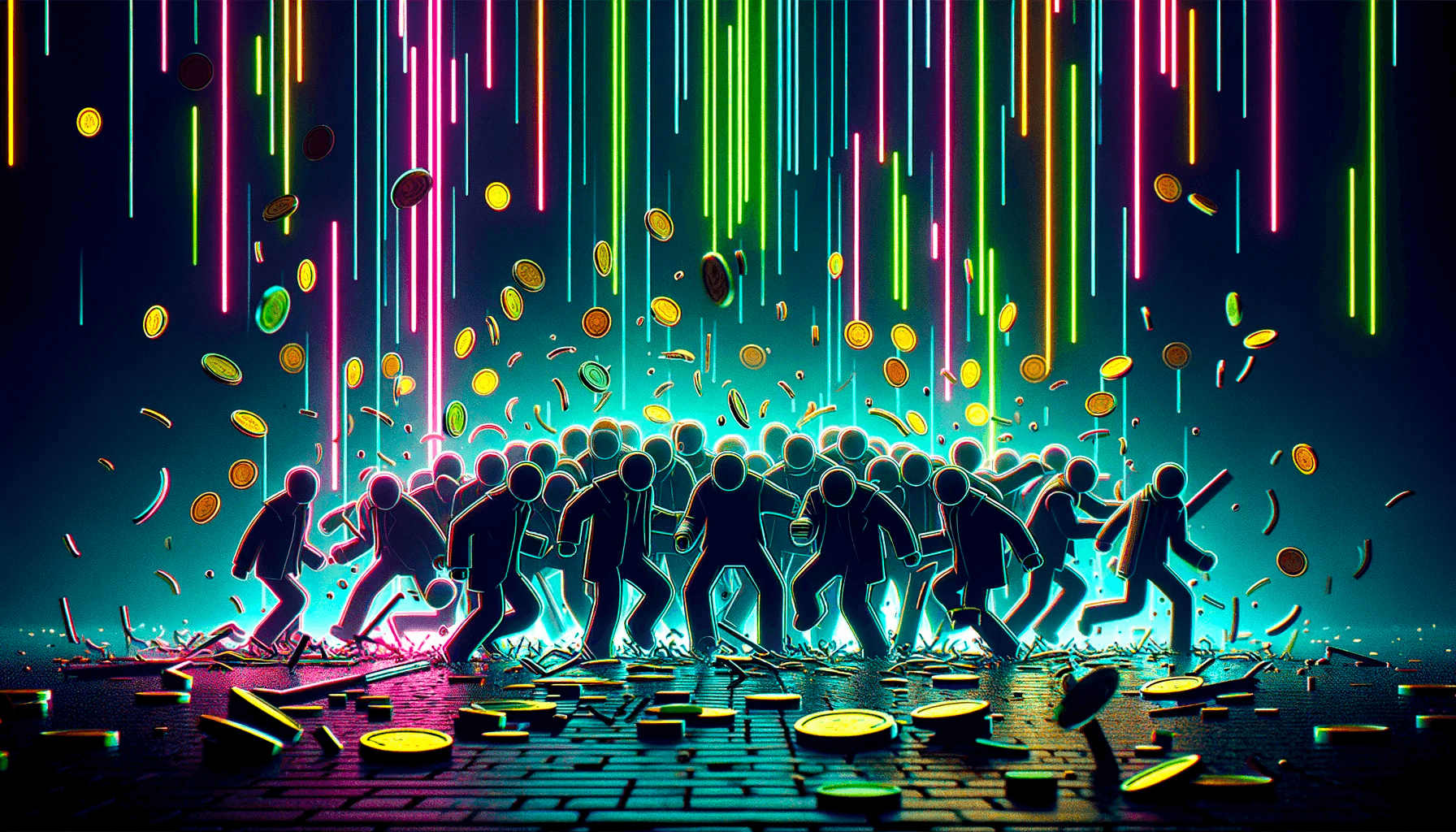 angry mob amid a rain of coins