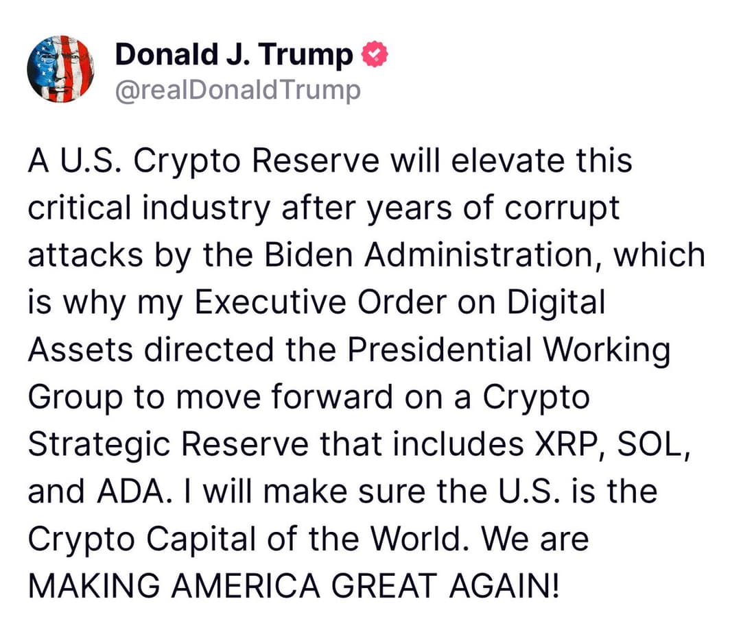 Trump Announces U.S. Crypto Reserve Including XRP, SOL, and ADA to Bolster Digital Assets